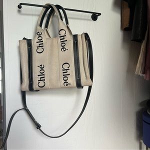 designer D U P E canvas and faux leather small summer shoulder bag